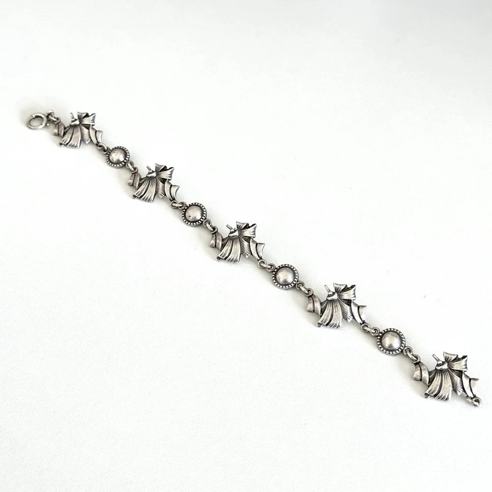 Vintage 925 Sterling Silver Floral Ribbon Design Unique Chain Link Bracelet 7.5